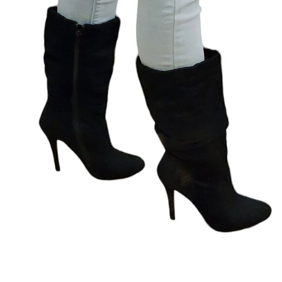 Black suede mid calf heeled booties - Picture 2 of 8